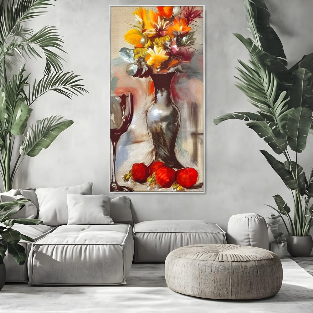 Tablou Canvas Premium, LuxCanva® N1103, In Cinstea Artei, Pahar, Vaza, Flori, Pictura, Abstract, Fructe, Bautura, Umbre, Petale, Pub, Lounge, Bar, Restaurant, Bucatarie