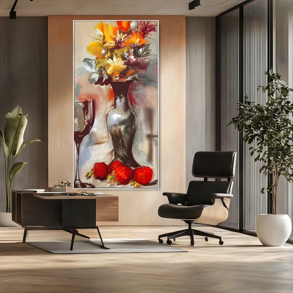 Tablou Canvas Premium, LuxCanva® N1103, In Cinstea Artei, Pahar, Vaza, Flori, Pictura, Abstract, Fructe, Bautura, Umbre, Petale, Pub, Lounge, Bar, Restaurant, Bucatarie