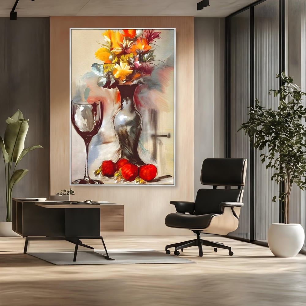 Tablou Canvas Premium, LuxCanva® N1103, In Cinstea Artei, Pahar, Vaza, Flori, Pictura, Abstract, Fructe, Bautura, Umbre, Petale, Pub, Lounge, Bar, Restaurant, Bucatarie