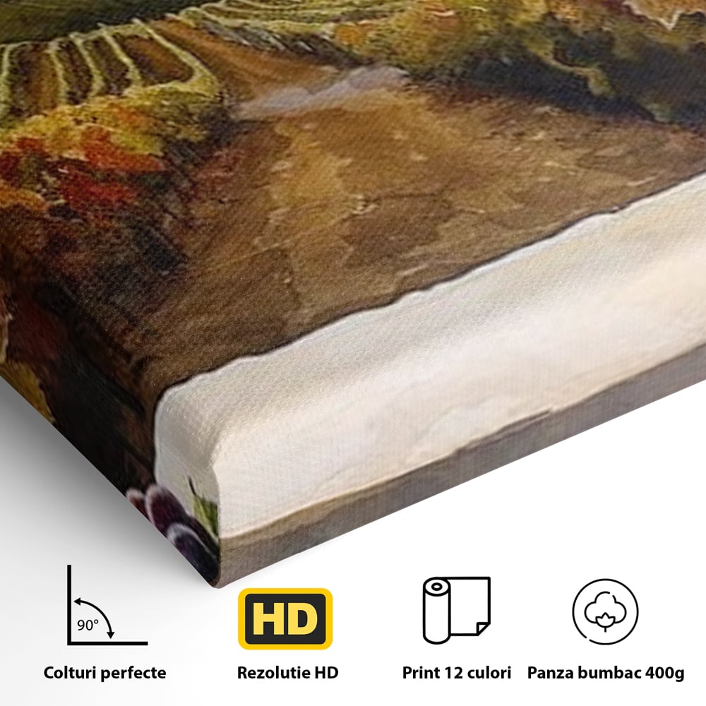 Tablou Canvas Premium, LuxCanva® N1104, Povestiri din Vie, Vin Rosu, Bautura, Pahar, Struguri, Fructe, Frunze, Vita, Traditie, Natural, Peisaj, Pub, Lounge, Bar, Restaurant, Bucatarie