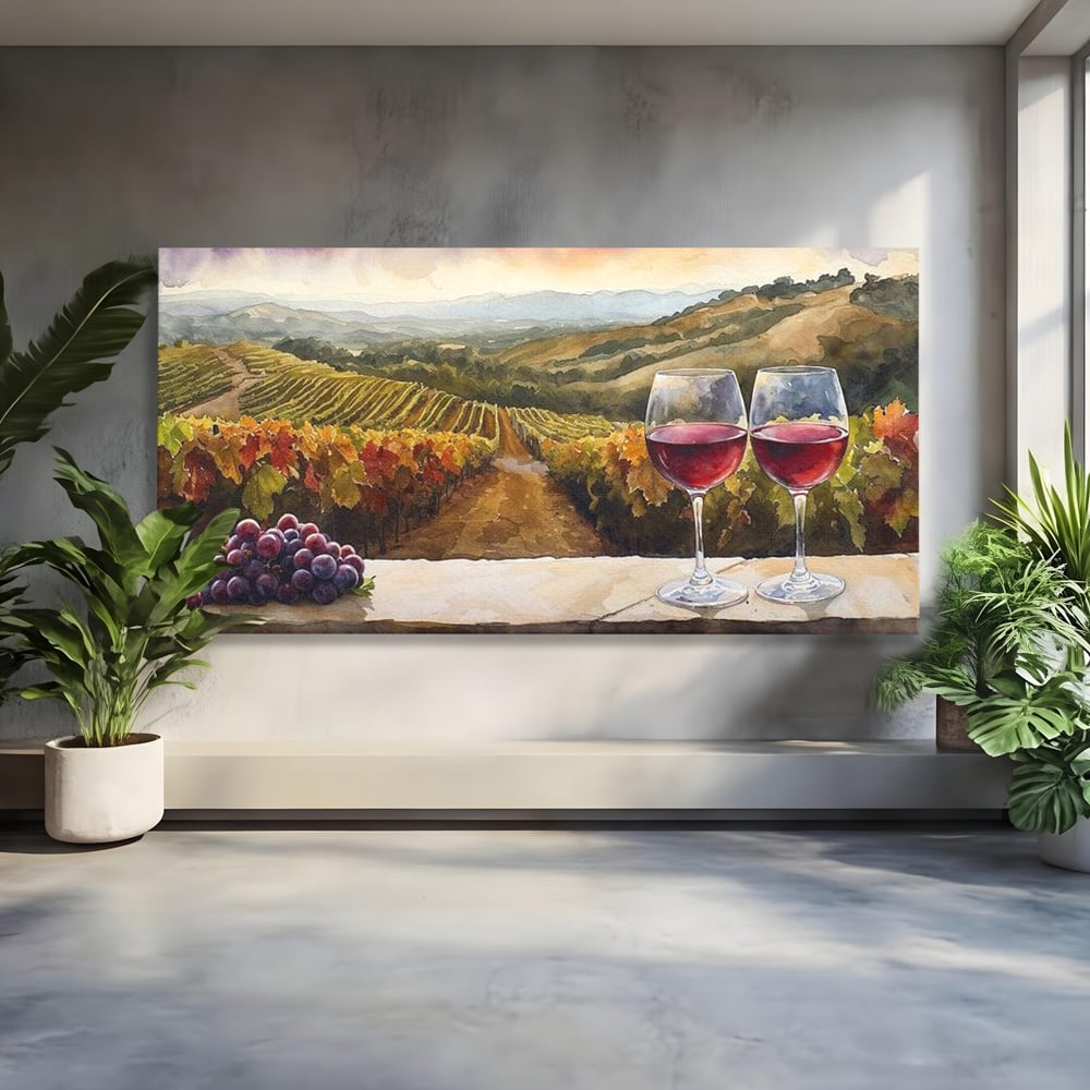 Tablou Canvas Premium, LuxCanva® N1104, Povestiri din Vie, Vin Rosu, Bautura, Pahar, Struguri, Fructe, Frunze, Vita, Traditie, Natural, Peisaj, Pub, Lounge, Bar, Restaurant, Bucatarie