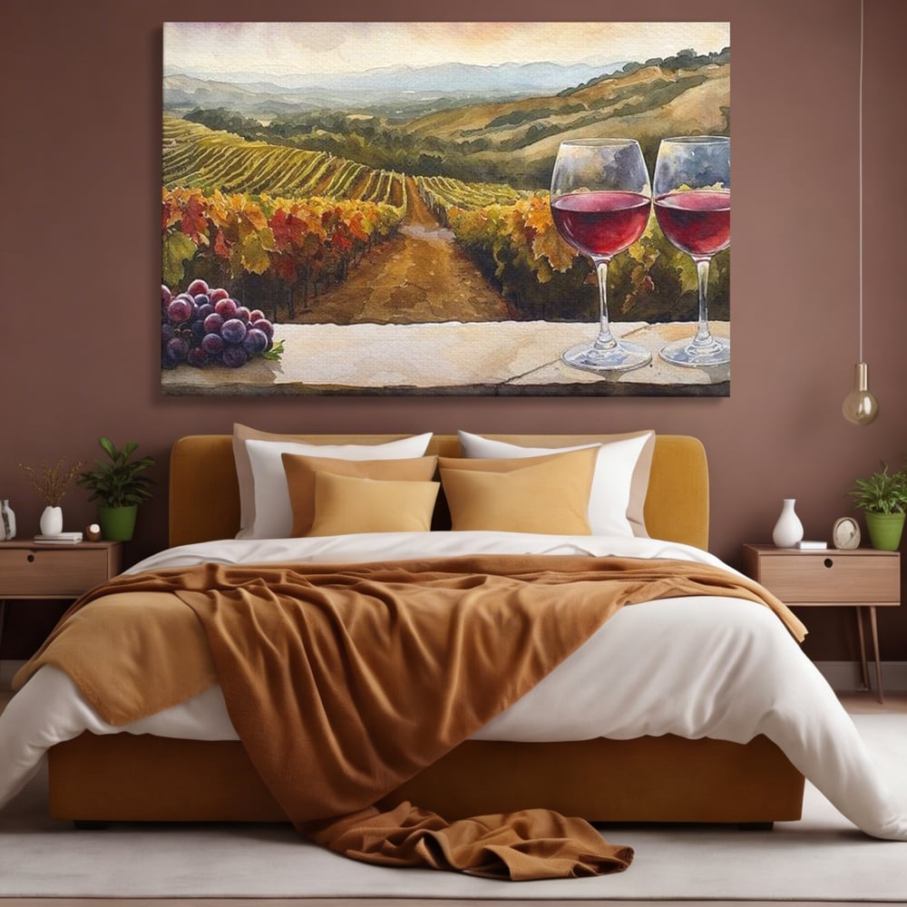 Tablou Canvas Premium, LuxCanva® N1104, Povestiri din Vie, Vin Rosu, Bautura, Pahar, Struguri, Fructe, Frunze, Vita, Traditie, Natural, Peisaj, Pub, Lounge, Bar, Restaurant, Bucatarie