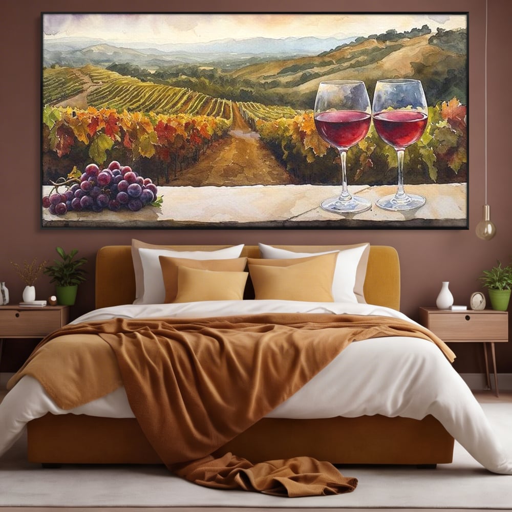 Tablou Canvas Premium, LuxCanva® N1104, Povestiri din Vie, Vin Rosu, Bautura, Pahar, Struguri, Fructe, Frunze, Vita, Traditie, Natural, Peisaj, Pub, Lounge, Bar, Restaurant, Bucatarie