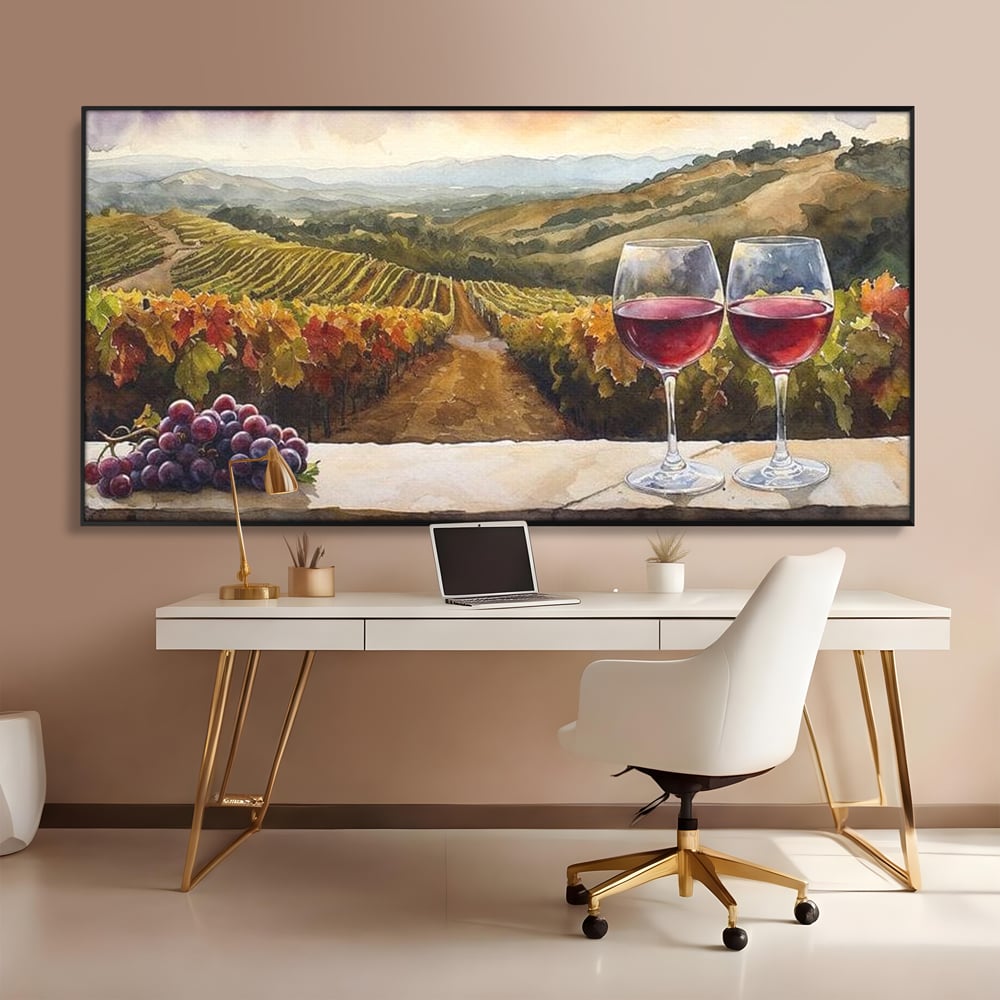 Tablou Canvas Premium, LuxCanva® N1104, Povestiri din Vie, Vin Rosu, Bautura, Pahar, Struguri, Fructe, Frunze, Vita, Traditie, Natural, Peisaj, Pub, Lounge, Bar, Restaurant, Bucatarie