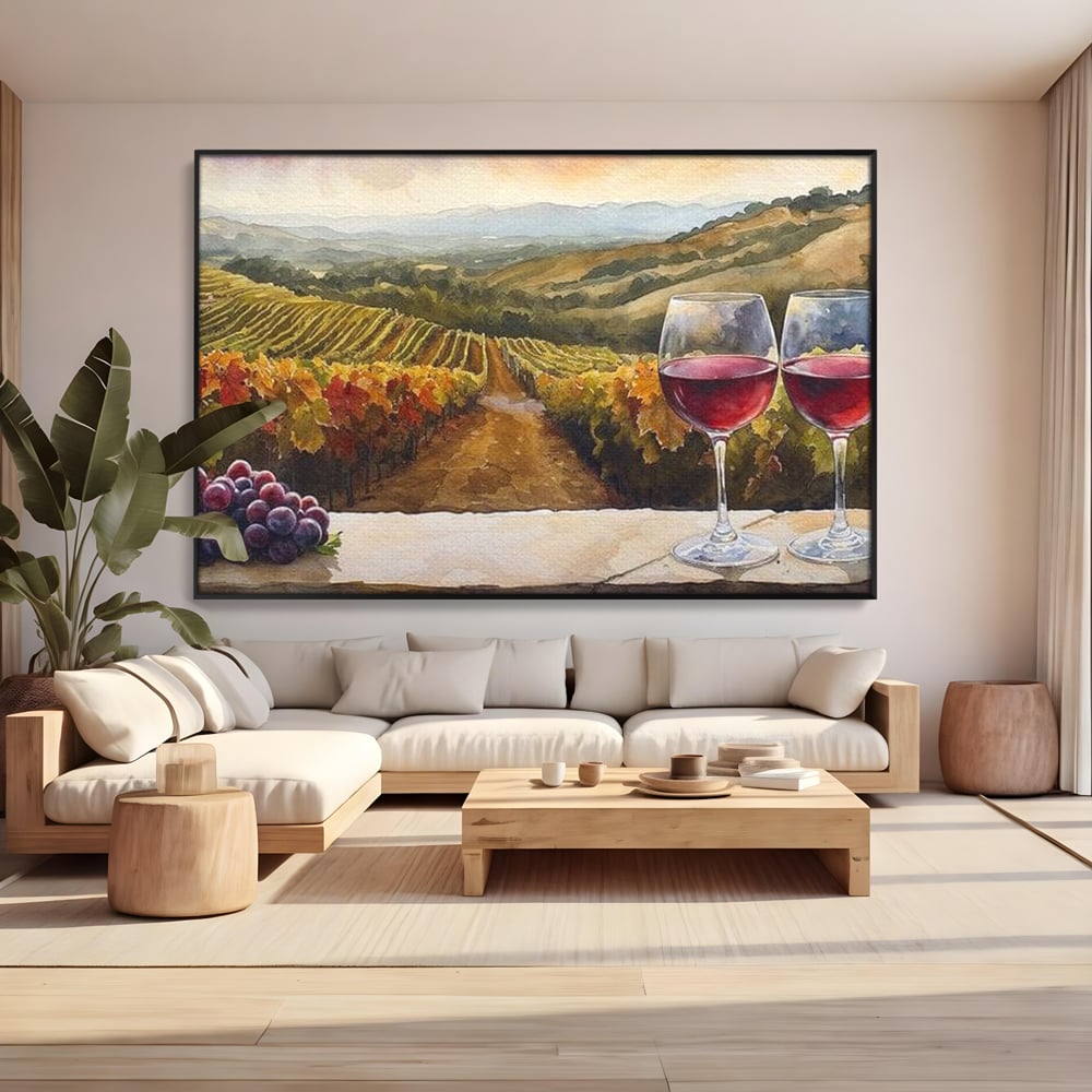 Tablou Canvas Premium, LuxCanva® N1104, Povestiri din Vie, Vin Rosu, Bautura, Pahar, Struguri, Fructe, Frunze, Vita, Traditie, Natural, Peisaj, Pub, Lounge, Bar, Restaurant, Bucatarie