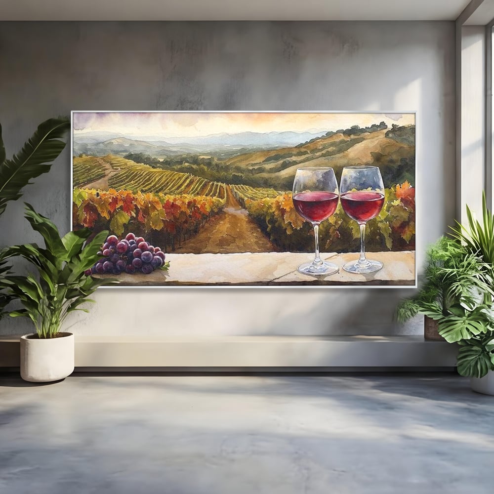 Tablou Canvas Premium, LuxCanva® N1104, Povestiri din Vie, Vin Rosu, Bautura, Pahar, Struguri, Fructe, Frunze, Vita, Traditie, Natural, Peisaj, Pub, Lounge, Bar, Restaurant, Bucatarie