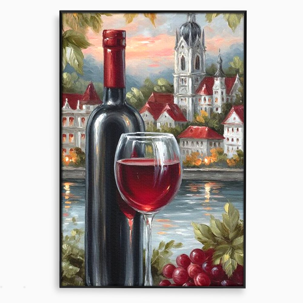 Leinwand Premium Canvas Wall Art, LuxCanva® N1105, Sonnenuntergang in der Altstadt, Altstadt, Festung, Romantik, Stadt, See, Rotwein, Glas, Getränk, Getränke, Trauben, Glas, Kneipe, Lounge, Bar, Restaurant, Restaurant, Küche