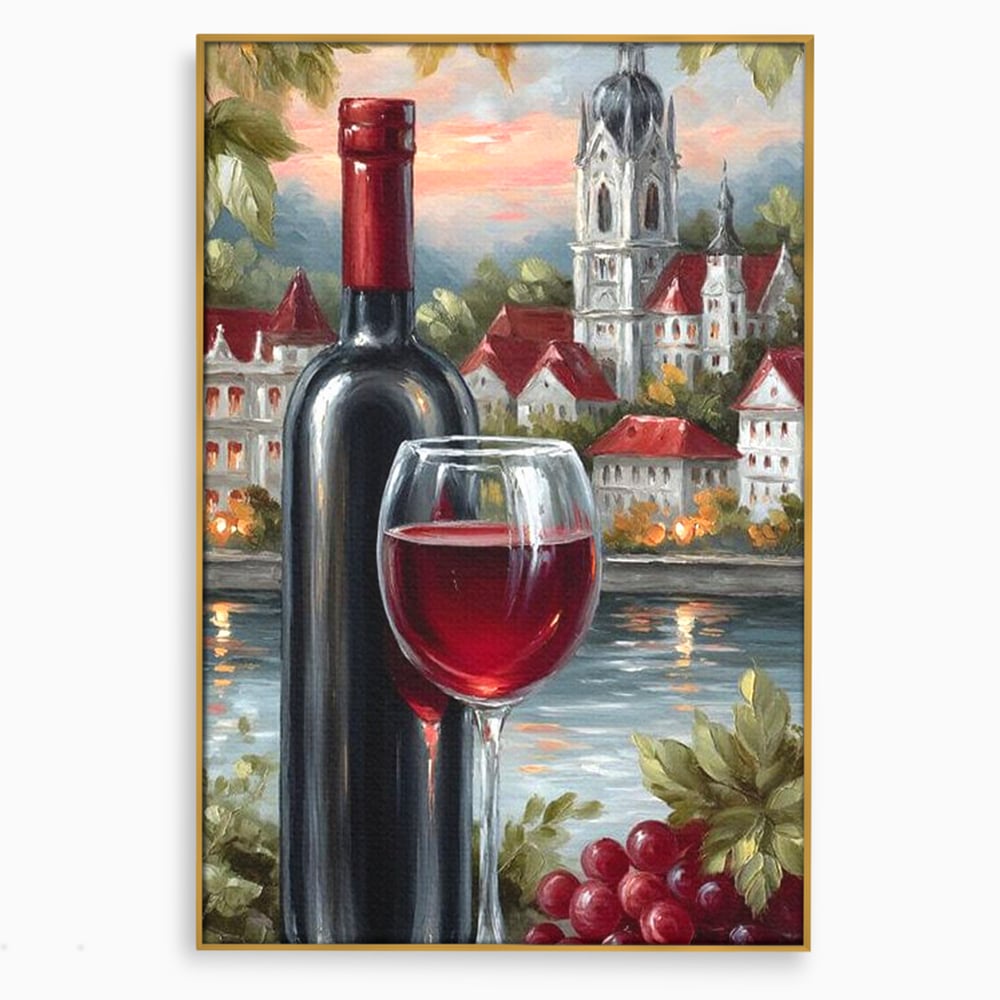 Leinwand Premium Canvas Wall Art, LuxCanva® N1105, Sonnenuntergang in der Altstadt, Altstadt, Festung, Romantik, Stadt, See, Rotwein, Glas, Getränk, Getränke, Trauben, Glas, Kneipe, Lounge, Bar, Restaurant, Restaurant, Küche