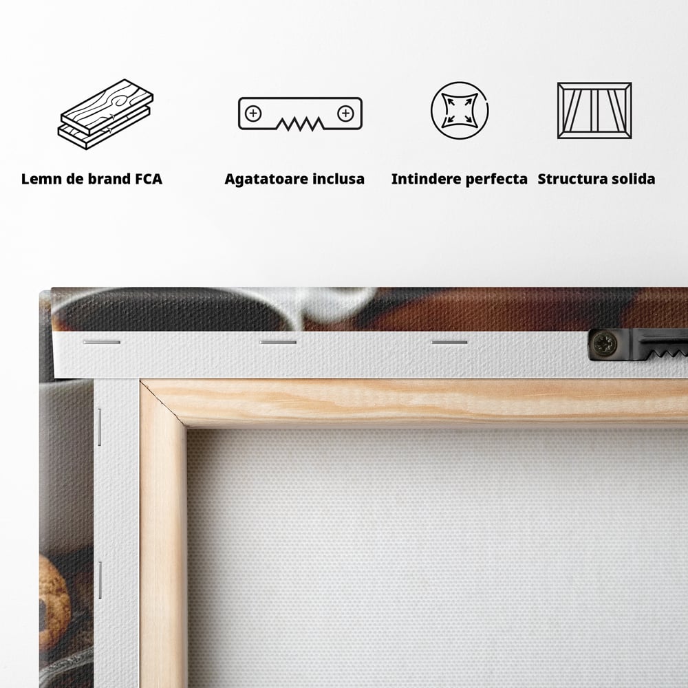 Tablou Canvas Premium, LuxCanva® N1108, Intalnire Dulce, Ceasca, Espresso, Boabe de Cafea, Ciocolata, Fursecuri, Prajituri, Rasfat, Desert, Cafenea, Restaurant, Bucatarie
