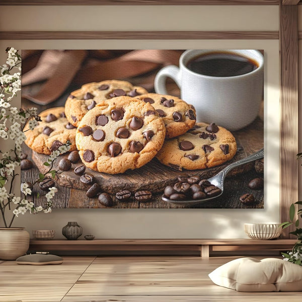 Tablou Canvas Premium, LuxCanva® N1108, Intalnire Dulce, Ceasca, Espresso, Boabe de Cafea, Ciocolata, Fursecuri, Prajituri, Rasfat, Desert, Cafenea, Restaurant, Bucatarie