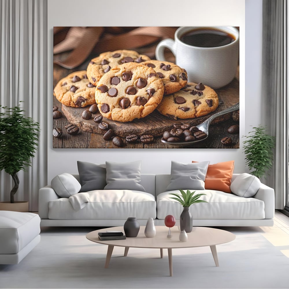 Tablou Canvas Premium, LuxCanva® N1108, Intalnire Dulce, Ceasca, Espresso, Boabe de Cafea, Ciocolata, Fursecuri, Prajituri, Rasfat, Desert, Cafenea, Restaurant, Bucatarie