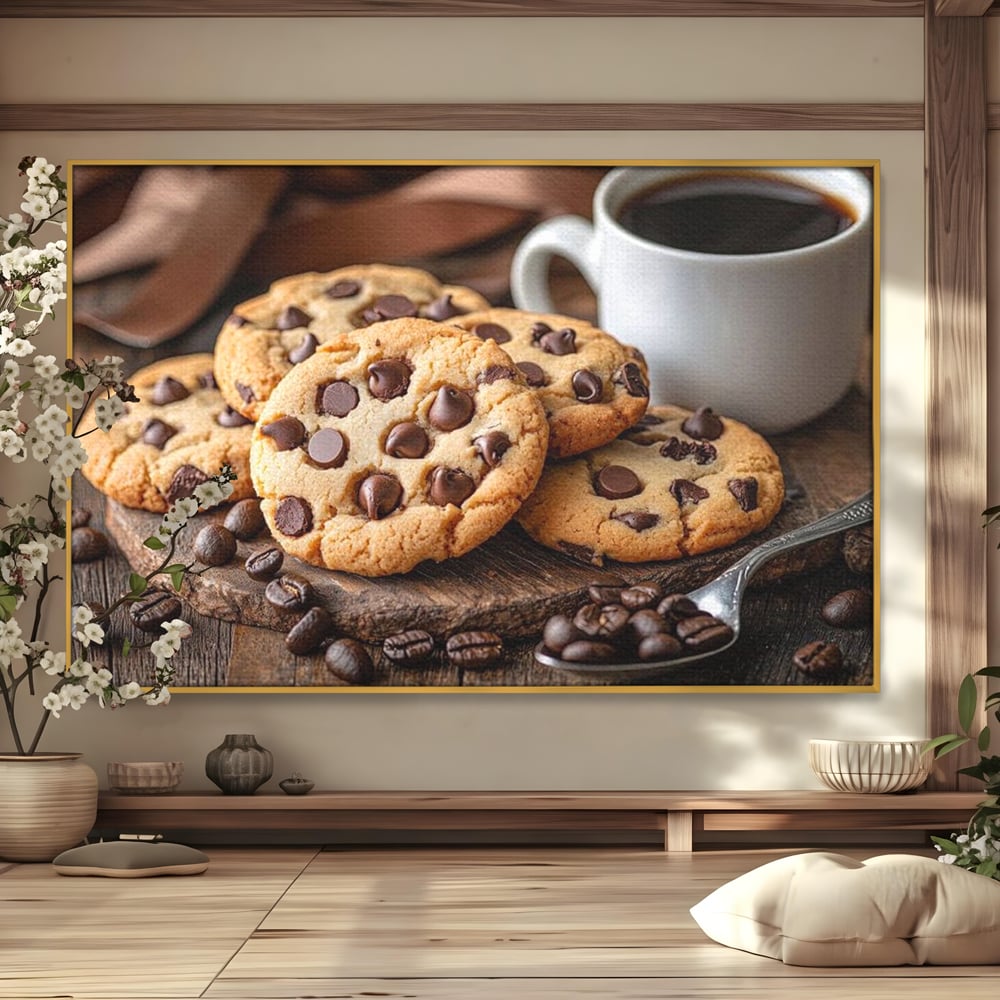 Tablou Canvas Premium, LuxCanva® N1108, Intalnire Dulce, Ceasca, Espresso, Boabe de Cafea, Ciocolata, Fursecuri, Prajituri, Rasfat, Desert, Cafenea, Restaurant, Bucatarie