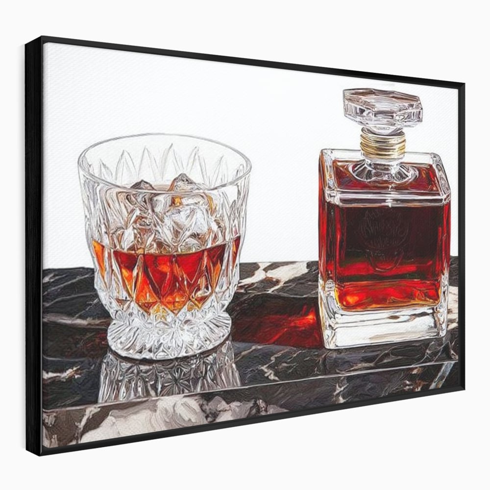 Tablou Canvas Premium, LuxCanva® N1109, Placere Interzisa, Whisky, Bautura, Gheata, Pahar, Carafa, Marmura, Eleganta, Lux, Petrecere, Pub, Bar, Lounge, Restaurant, Bucatarie