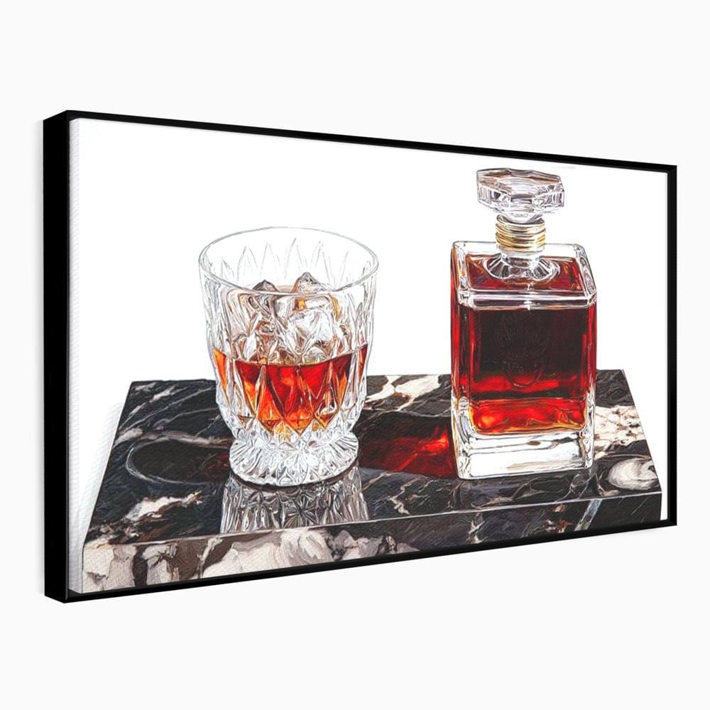 Tablou Canvas Premium, LuxCanva® N1109, Placere Interzisa, Whisky, Bautura, Gheata, Pahar, Carafa, Marmura, Eleganta, Lux, Petrecere, Pub, Bar, Lounge, Restaurant, Bucatarie