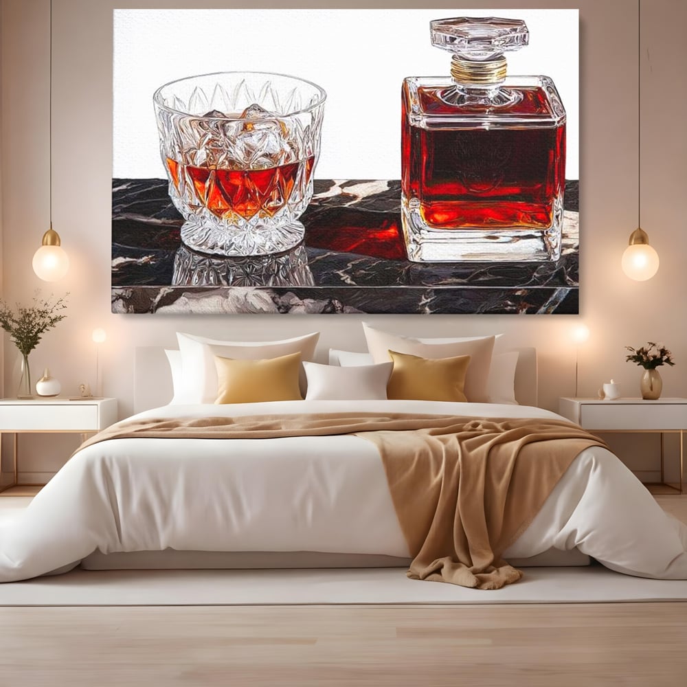 Tablou Canvas Premium, LuxCanva® N1109, Placere Interzisa, Whisky, Bautura, Gheata, Pahar, Carafa, Marmura, Eleganta, Lux, Petrecere, Pub, Bar, Lounge, Restaurant, Bucatarie