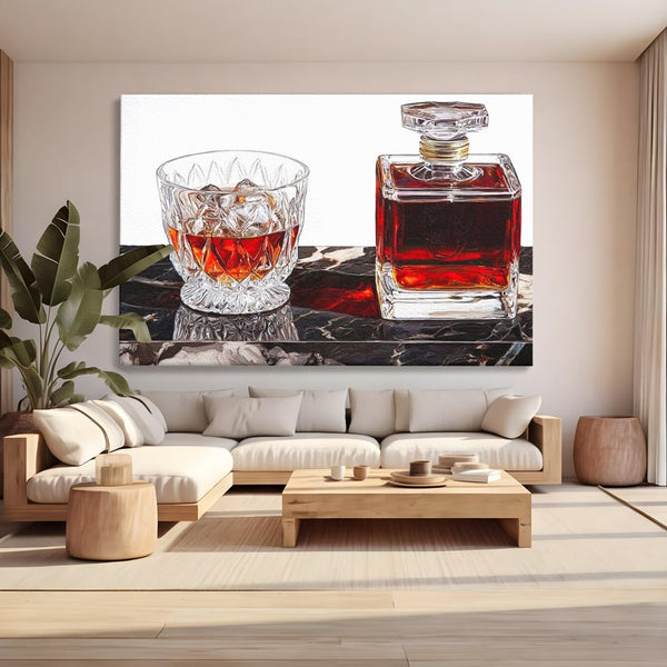 Tablou Canvas Premium, LuxCanva® N1109, Placere Interzisa, Whisky, Bautura, Gheata, Pahar, Carafa, Marmura, Eleganta, Lux, Petrecere, Pub, Bar, Lounge, Restaurant, Bucatarie