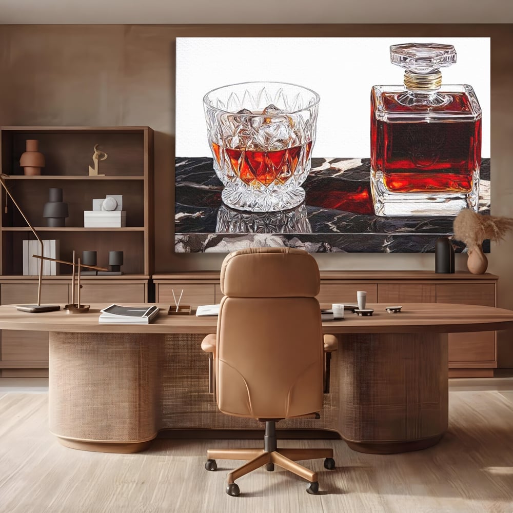 Tablou Canvas Premium, LuxCanva® N1109, Placere Interzisa, Whisky, Bautura, Gheata, Pahar, Carafa, Marmura, Eleganta, Lux, Petrecere, Pub, Bar, Lounge, Restaurant, Bucatarie