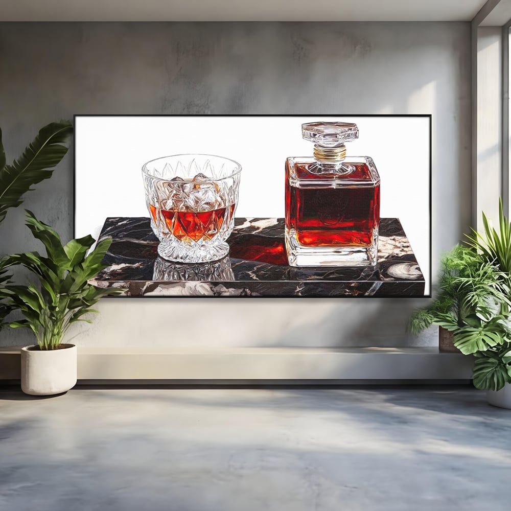 Tablou Canvas Premium, LuxCanva® N1109, Placere Interzisa, Whisky, Bautura, Gheata, Pahar, Carafa, Marmura, Eleganta, Lux, Petrecere, Pub, Bar, Lounge, Restaurant, Bucatarie