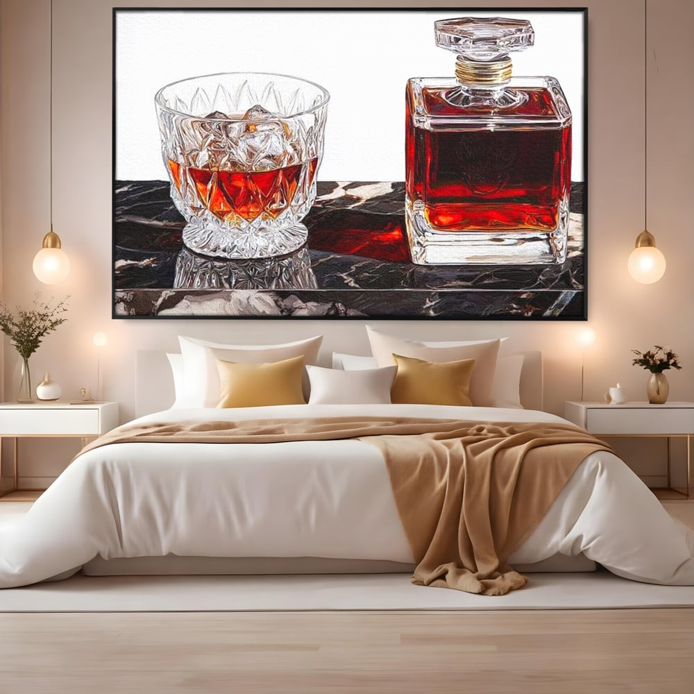 Tablou Canvas Premium, LuxCanva® N1109, Placere Interzisa, Whisky, Bautura, Gheata, Pahar, Carafa, Marmura, Eleganta, Lux, Petrecere, Pub, Bar, Lounge, Restaurant, Bucatarie