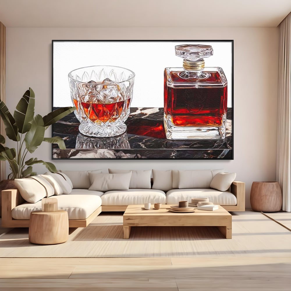 Tablou Canvas Premium, LuxCanva® N1109, Placere Interzisa, Whisky, Bautura, Gheata, Pahar, Carafa, Marmura, Eleganta, Lux, Petrecere, Pub, Bar, Lounge, Restaurant, Bucatarie