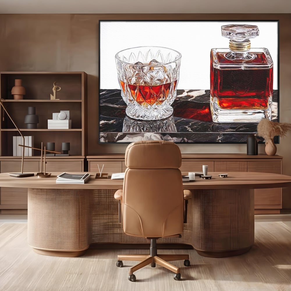 Tablou Canvas Premium, LuxCanva® N1109, Placere Interzisa, Whisky, Bautura, Gheata, Pahar, Carafa, Marmura, Eleganta, Lux, Petrecere, Pub, Bar, Lounge, Restaurant, Bucatarie