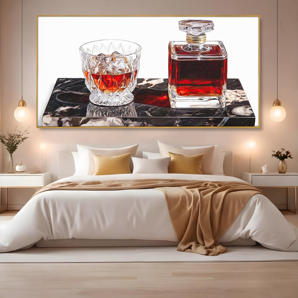 Tablou Canvas Premium, LuxCanva® N1109, Placere Interzisa, Whisky, Bautura, Gheata, Pahar, Carafa, Marmura, Eleganta, Lux, Petrecere, Pub, Bar, Lounge, Restaurant, Bucatarie