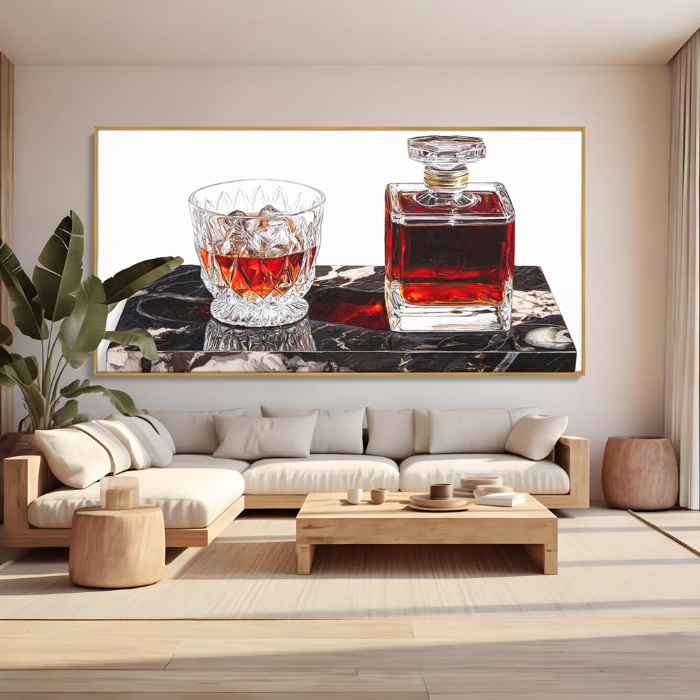 Tablou Canvas Premium, LuxCanva® N1109, Placere Interzisa, Whisky, Bautura, Gheata, Pahar, Carafa, Marmura, Eleganta, Lux, Petrecere, Pub, Bar, Lounge, Restaurant, Bucatarie