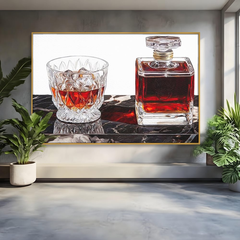 Tablou Canvas Premium, LuxCanva® N1109, Placere Interzisa, Whisky, Bautura, Gheata, Pahar, Carafa, Marmura, Eleganta, Lux, Petrecere, Pub, Bar, Lounge, Restaurant, Bucatarie