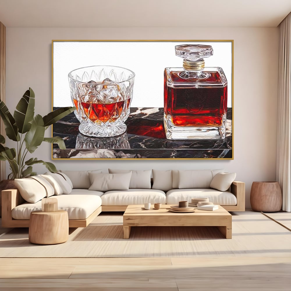 Tablou Canvas Premium, LuxCanva® N1109, Placere Interzisa, Whisky, Bautura, Gheata, Pahar, Carafa, Marmura, Eleganta, Lux, Petrecere, Pub, Bar, Lounge, Restaurant, Bucatarie