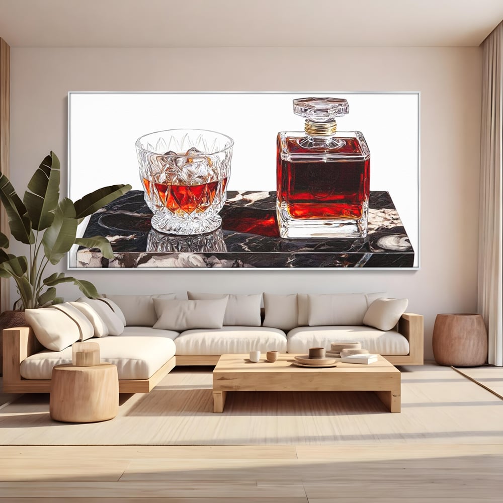 Tablou Canvas Premium, LuxCanva® N1109, Placere Interzisa, Whisky, Bautura, Gheata, Pahar, Carafa, Marmura, Eleganta, Lux, Petrecere, Pub, Bar, Lounge, Restaurant, Bucatarie