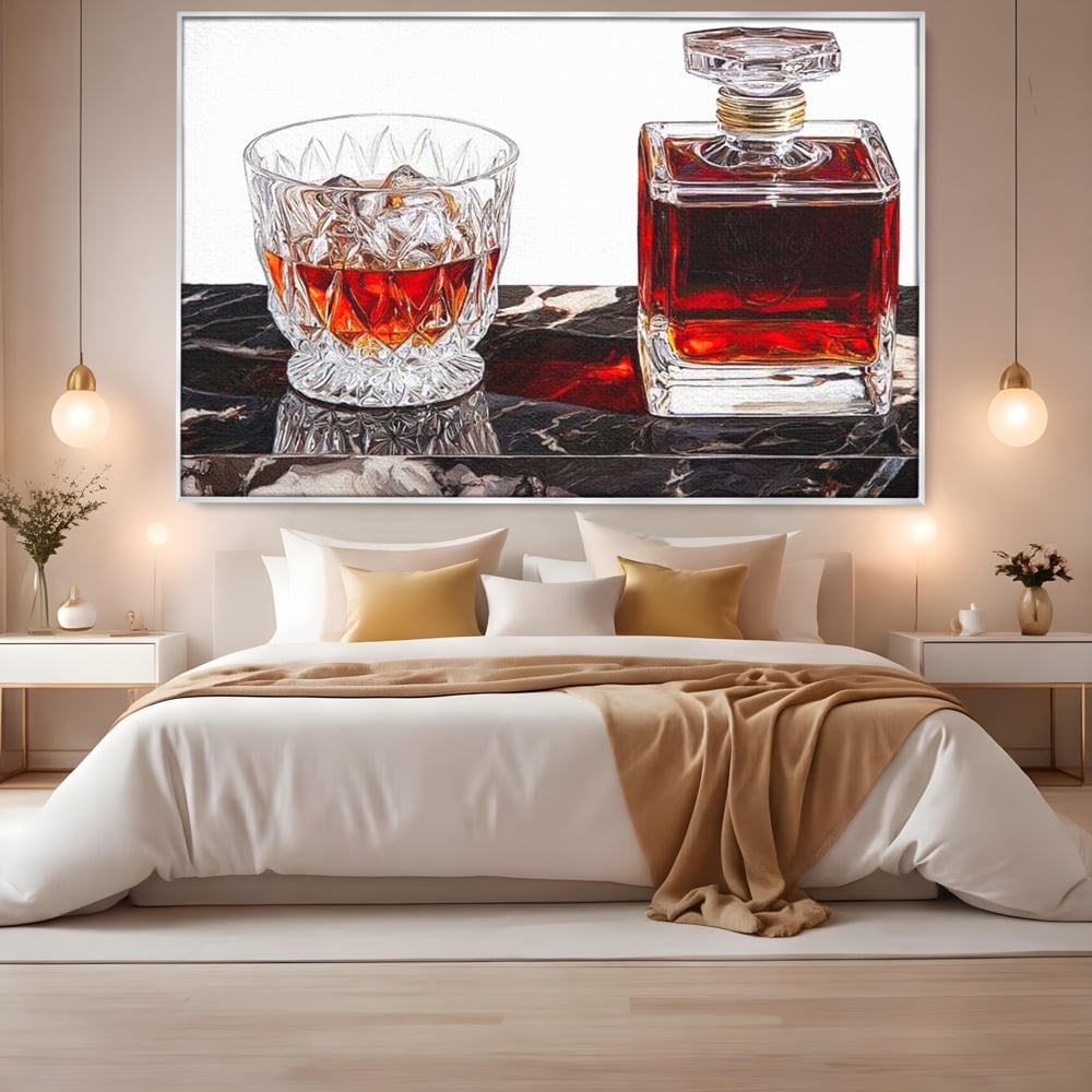 Tablou Canvas Premium, LuxCanva® N1109, Placere Interzisa, Whisky, Bautura, Gheata, Pahar, Carafa, Marmura, Eleganta, Lux, Petrecere, Pub, Bar, Lounge, Restaurant, Bucatarie