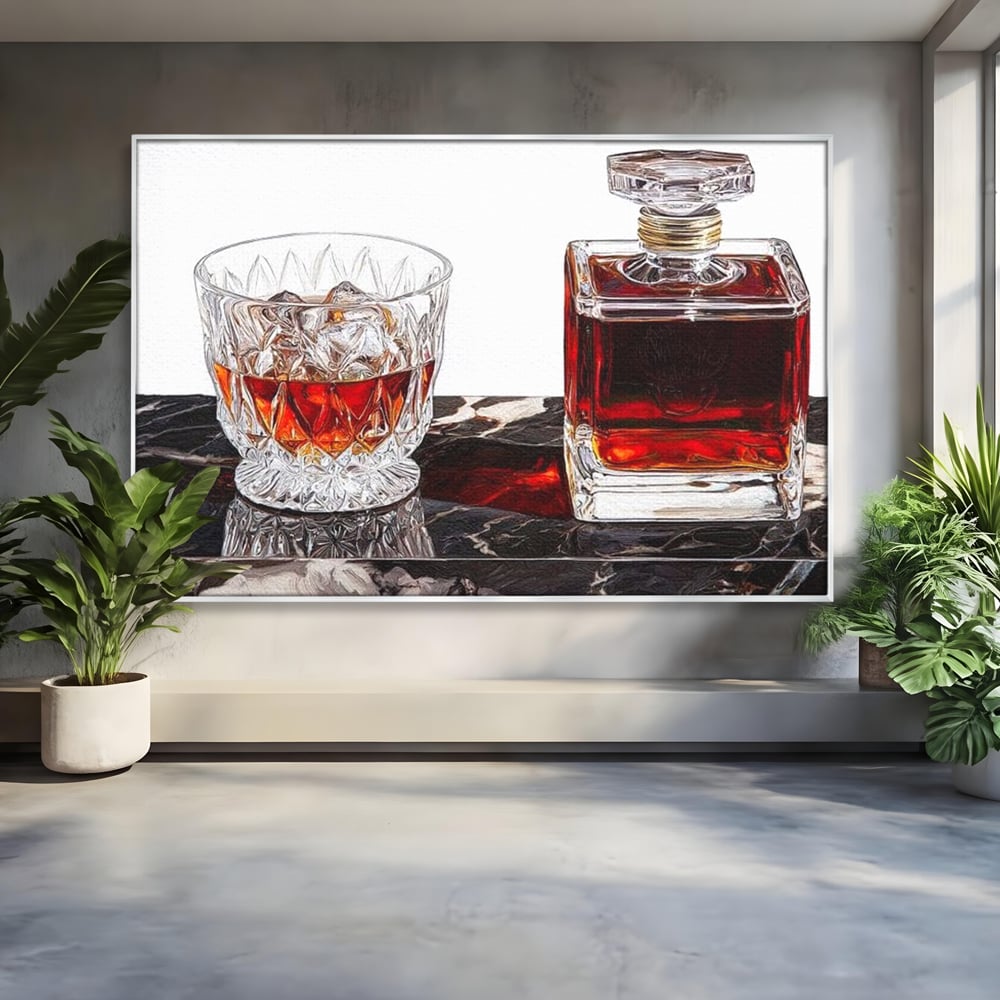 Tablou Canvas Premium, LuxCanva® N1109, Placere Interzisa, Whisky, Bautura, Gheata, Pahar, Carafa, Marmura, Eleganta, Lux, Petrecere, Pub, Bar, Lounge, Restaurant, Bucatarie
