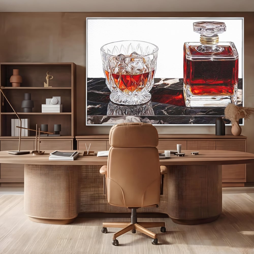 Tablou Canvas Premium, LuxCanva® N1109, Placere Interzisa, Whisky, Bautura, Gheata, Pahar, Carafa, Marmura, Eleganta, Lux, Petrecere, Pub, Bar, Lounge, Restaurant, Bucatarie