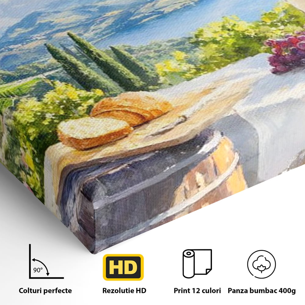Tablou Canvas Premium, LuxCanva® N1110, Rasfat pe Coline, Struguri, Vin, Fructe, Bautura, Pahar, Sticle, Rustic, Peisaj, Priveliste, Natural, Traditional, Pub, Bar, Lounge, Restaurant, Bucatarie