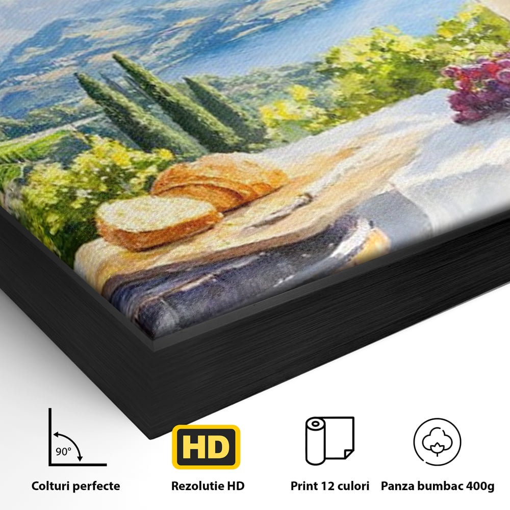Tablou Canvas Premium, LuxCanva® N1110, Rasfat pe Coline, Struguri, Vin, Fructe, Bautura, Pahar, Sticle, Rustic, Peisaj, Priveliste, Natural, Traditional, Pub, Bar, Lounge, Restaurant, Bucatarie