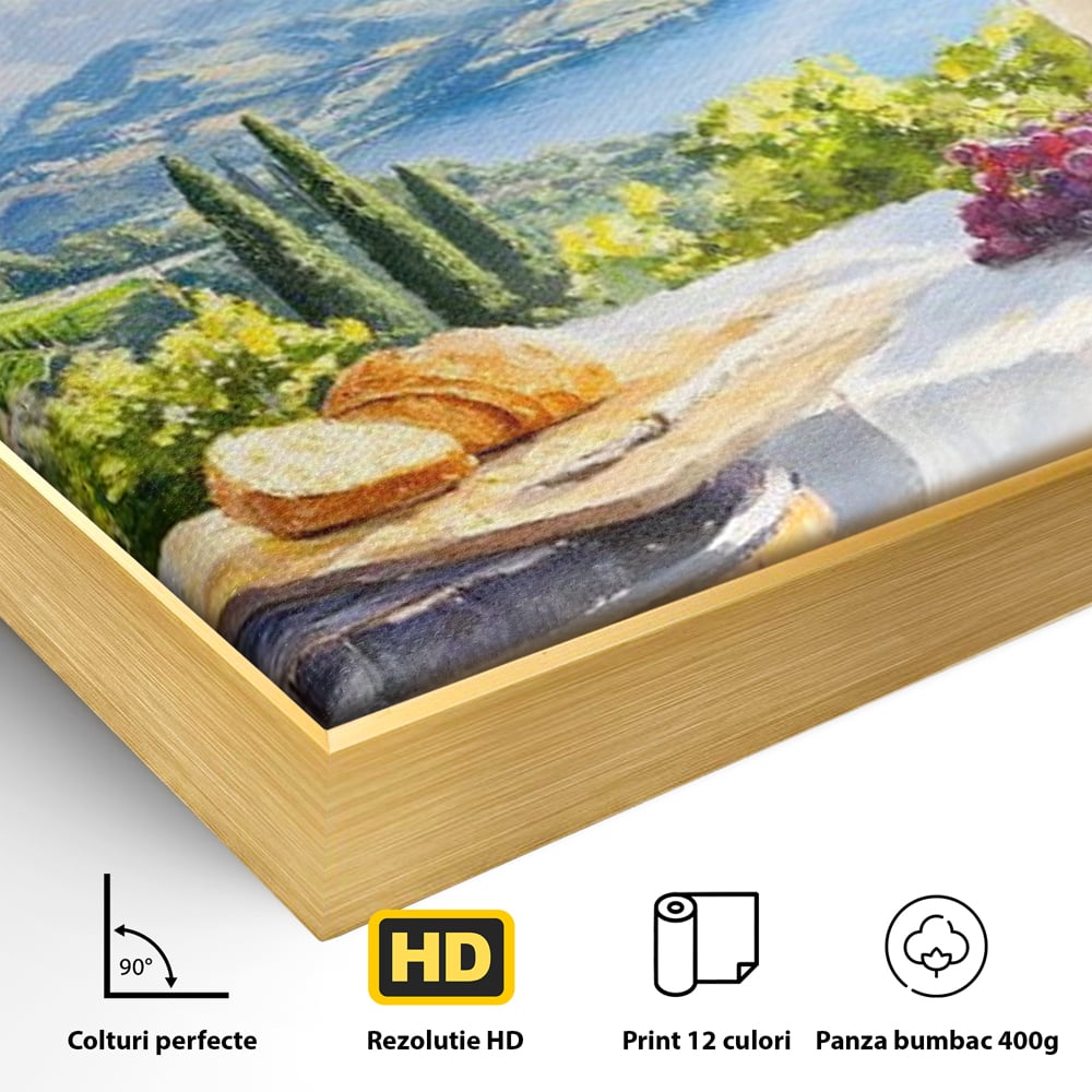 Tablou Canvas Premium, LuxCanva® N1110, Rasfat pe Coline, Struguri, Vin, Fructe, Bautura, Pahar, Sticle, Rustic, Peisaj, Priveliste, Natural, Traditional, Pub, Bar, Lounge, Restaurant, Bucatarie