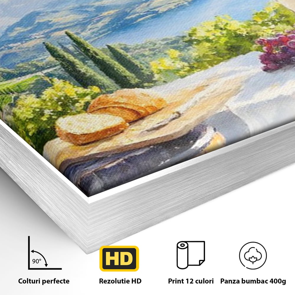 Tablou Canvas Premium, LuxCanva® N1110, Rasfat pe Coline, Struguri, Vin, Fructe, Bautura, Pahar, Sticle, Rustic, Peisaj, Priveliste, Natural, Traditional, Pub, Bar, Lounge, Restaurant, Bucatarie