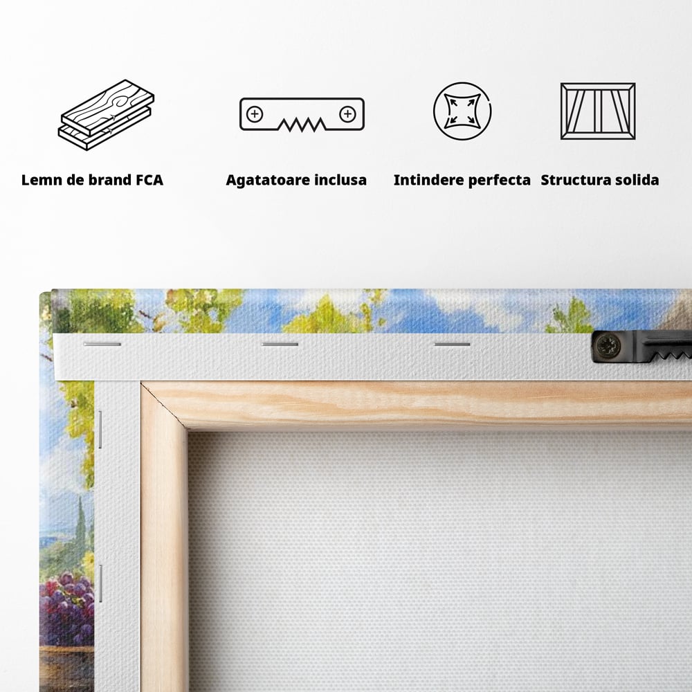 Tablou Canvas Premium, LuxCanva® N1110, Rasfat pe Coline, Struguri, Vin, Fructe, Bautura, Pahar, Sticle, Rustic, Peisaj, Priveliste, Natural, Traditional, Pub, Bar, Lounge, Restaurant, Bucatarie