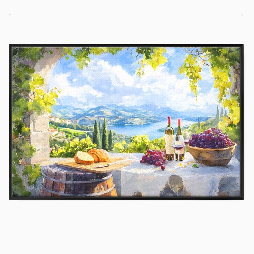 Tablou Canvas Premium, LuxCanva® N1110, Rasfat pe Coline, Struguri, Vin, Fructe, Bautura, Pahar, Sticle, Rustic, Peisaj, Priveliste, Natural, Traditional, Pub, Bar, Lounge, Restaurant, Bucatarie