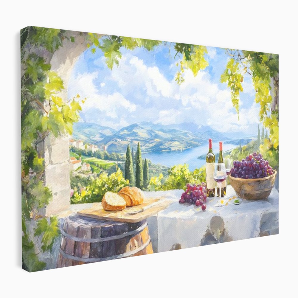 Tablou Canvas Premium, LuxCanva® N1110, Rasfat pe Coline, Struguri, Vin, Fructe, Bautura, Pahar, Sticle, Rustic, Peisaj, Priveliste, Natural, Traditional, Pub, Bar, Lounge, Restaurant, Bucatarie
