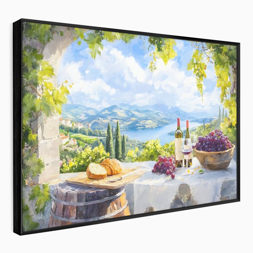 Tablou Canvas Premium, LuxCanva® N1110, Rasfat pe Coline, Struguri, Vin, Fructe, Bautura, Pahar, Sticle, Rustic, Peisaj, Priveliste, Natural, Traditional, Pub, Bar, Lounge, Restaurant, Bucatarie