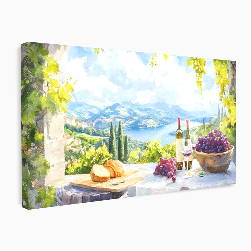 Tablou Canvas Premium, LuxCanva® N1110, Rasfat pe Coline, Struguri, Vin, Fructe, Bautura, Pahar, Sticle, Rustic, Peisaj, Priveliste, Natural, Traditional, Pub, Bar, Lounge, Restaurant, Bucatarie