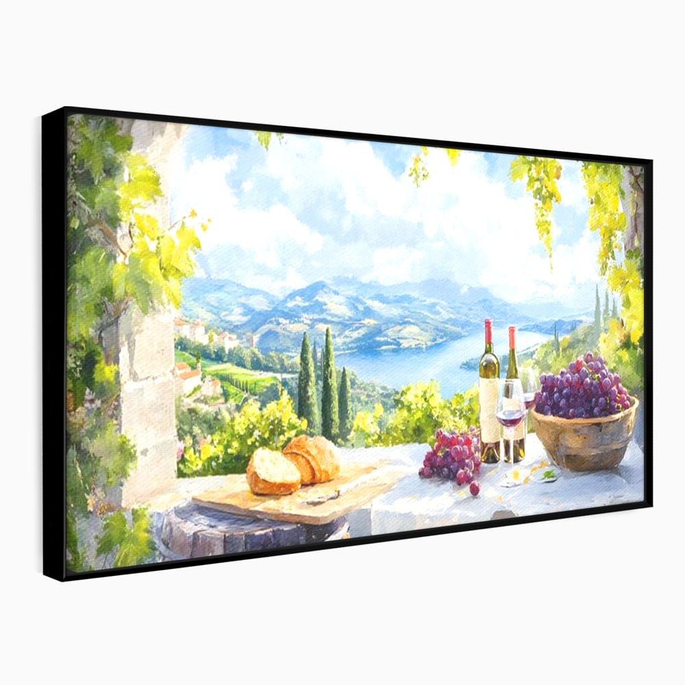 Tablou Canvas Premium, LuxCanva® N1110, Rasfat pe Coline, Struguri, Vin, Fructe, Bautura, Pahar, Sticle, Rustic, Peisaj, Priveliste, Natural, Traditional, Pub, Bar, Lounge, Restaurant, Bucatarie