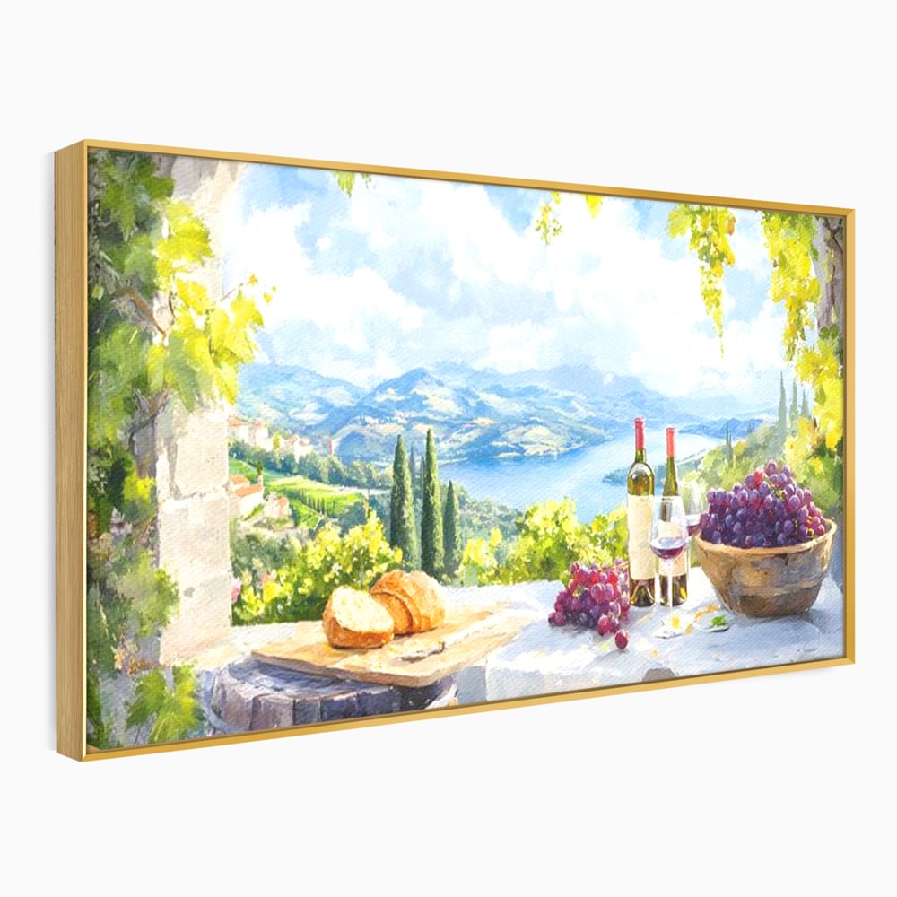 Tablou Canvas Premium, LuxCanva® N1110, Rasfat pe Coline, Struguri, Vin, Fructe, Bautura, Pahar, Sticle, Rustic, Peisaj, Priveliste, Natural, Traditional, Pub, Bar, Lounge, Restaurant, Bucatarie