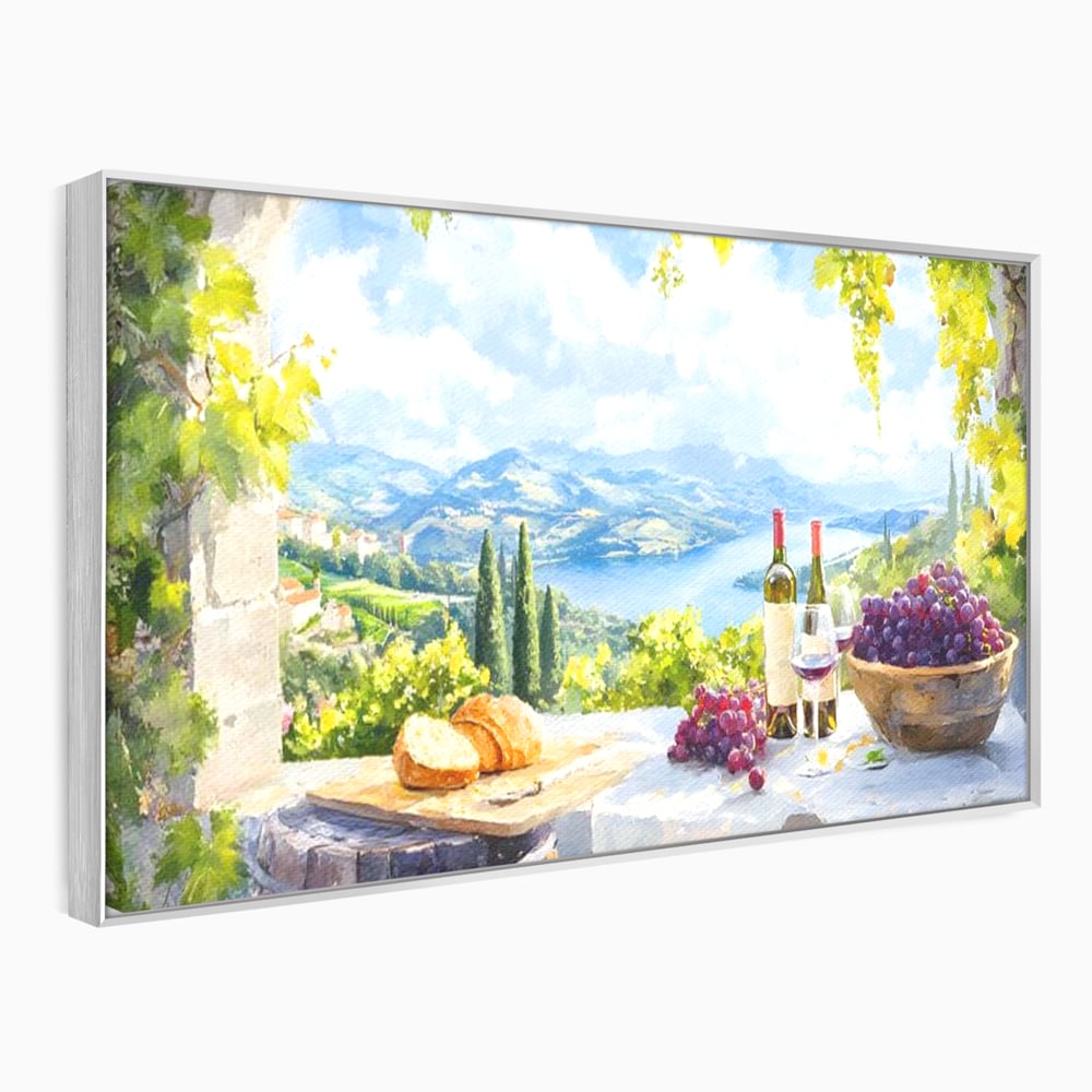 Tablou Canvas Premium, LuxCanva® N1110, Rasfat pe Coline, Struguri, Vin, Fructe, Bautura, Pahar, Sticle, Rustic, Peisaj, Priveliste, Natural, Traditional, Pub, Bar, Lounge, Restaurant, Bucatarie