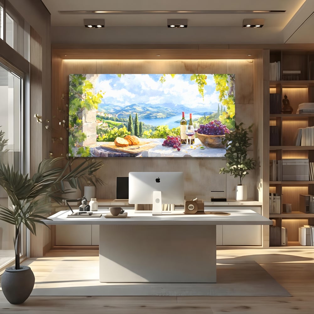 Tablou Canvas Premium, LuxCanva® N1110, Rasfat pe Coline, Struguri, Vin, Fructe, Bautura, Pahar, Sticle, Rustic, Peisaj, Priveliste, Natural, Traditional, Pub, Bar, Lounge, Restaurant, Bucatarie