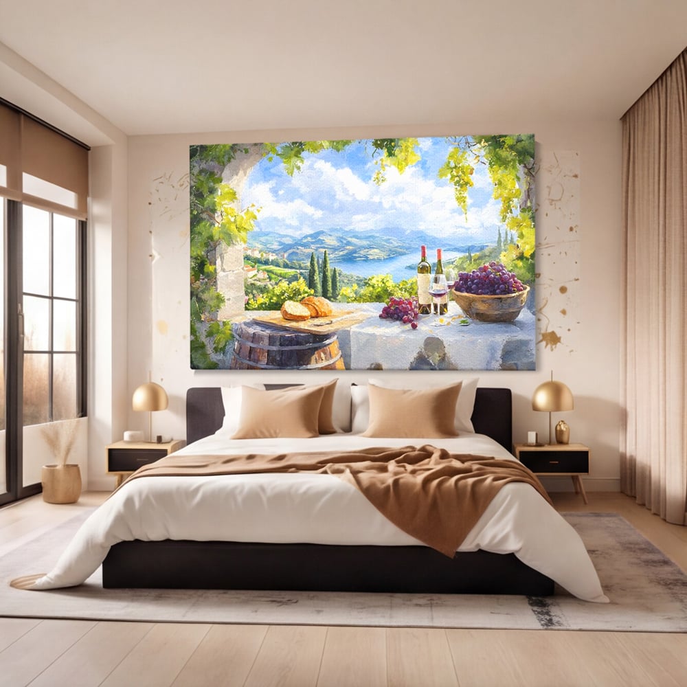 Tablou Canvas Premium, LuxCanva® N1110, Rasfat pe Coline, Struguri, Vin, Fructe, Bautura, Pahar, Sticle, Rustic, Peisaj, Priveliste, Natural, Traditional, Pub, Bar, Lounge, Restaurant, Bucatarie