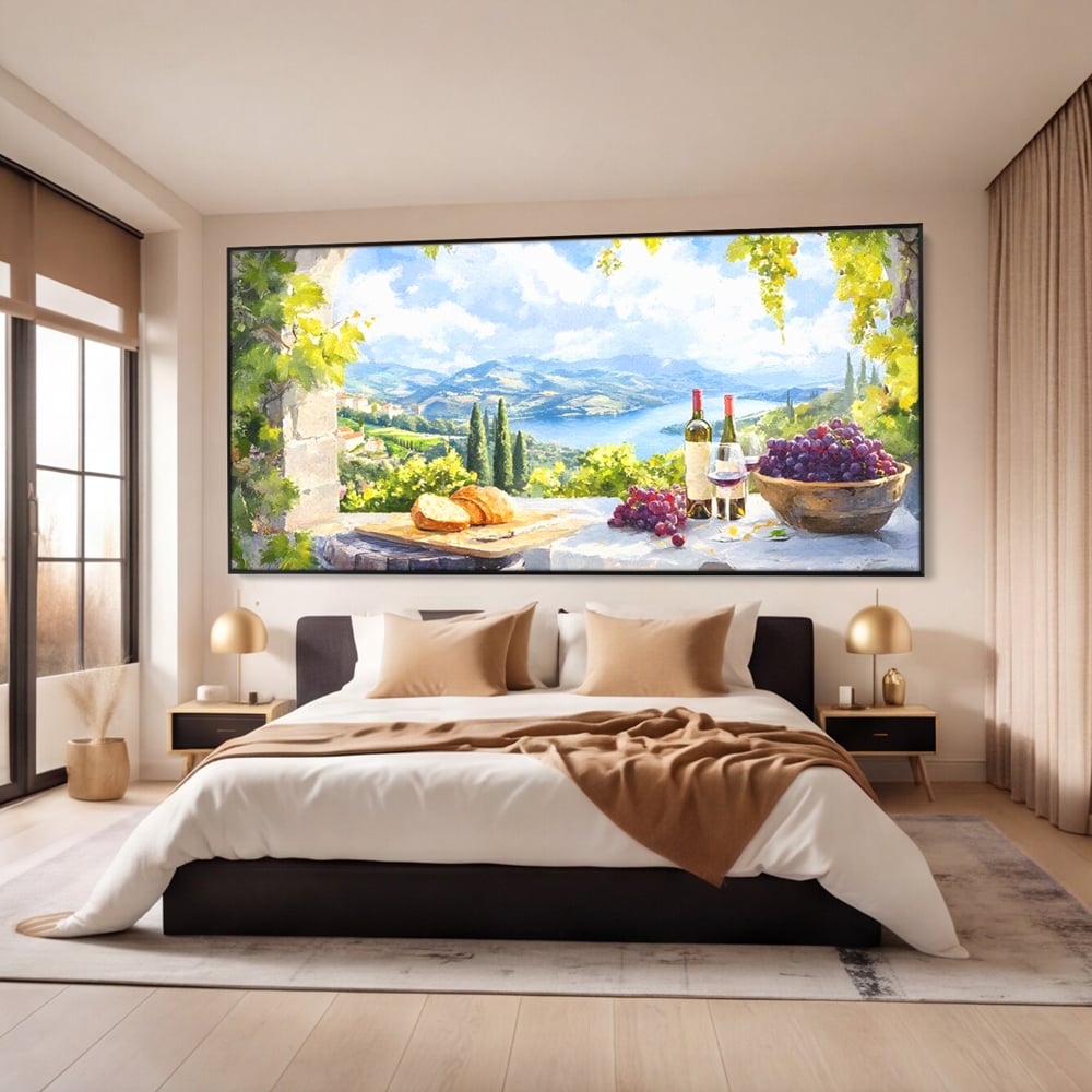 Tablou Canvas Premium, LuxCanva® N1110, Rasfat pe Coline, Struguri, Vin, Fructe, Bautura, Pahar, Sticle, Rustic, Peisaj, Priveliste, Natural, Traditional, Pub, Bar, Lounge, Restaurant, Bucatarie