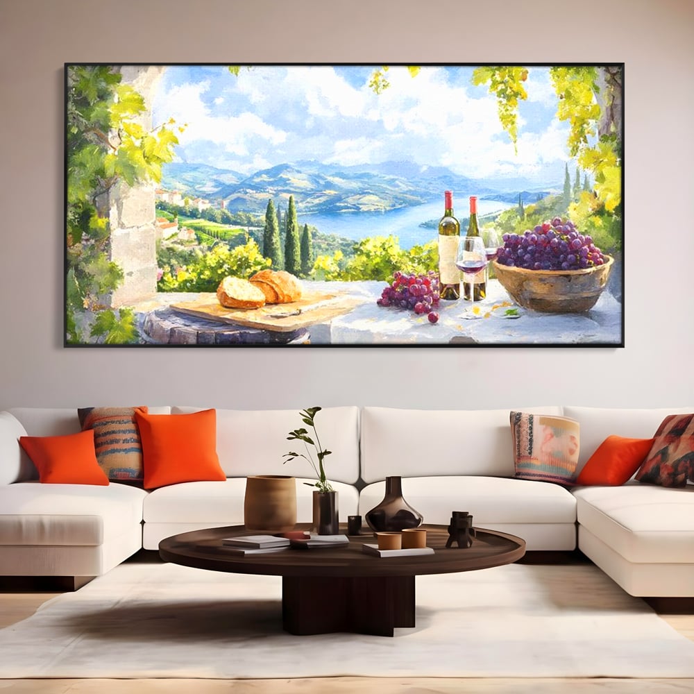 Tablou Canvas Premium, LuxCanva® N1110, Rasfat pe Coline, Struguri, Vin, Fructe, Bautura, Pahar, Sticle, Rustic, Peisaj, Priveliste, Natural, Traditional, Pub, Bar, Lounge, Restaurant, Bucatarie