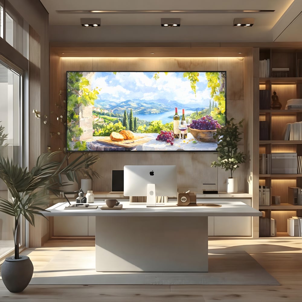 Tablou Canvas Premium, LuxCanva® N1110, Rasfat pe Coline, Struguri, Vin, Fructe, Bautura, Pahar, Sticle, Rustic, Peisaj, Priveliste, Natural, Traditional, Pub, Bar, Lounge, Restaurant, Bucatarie